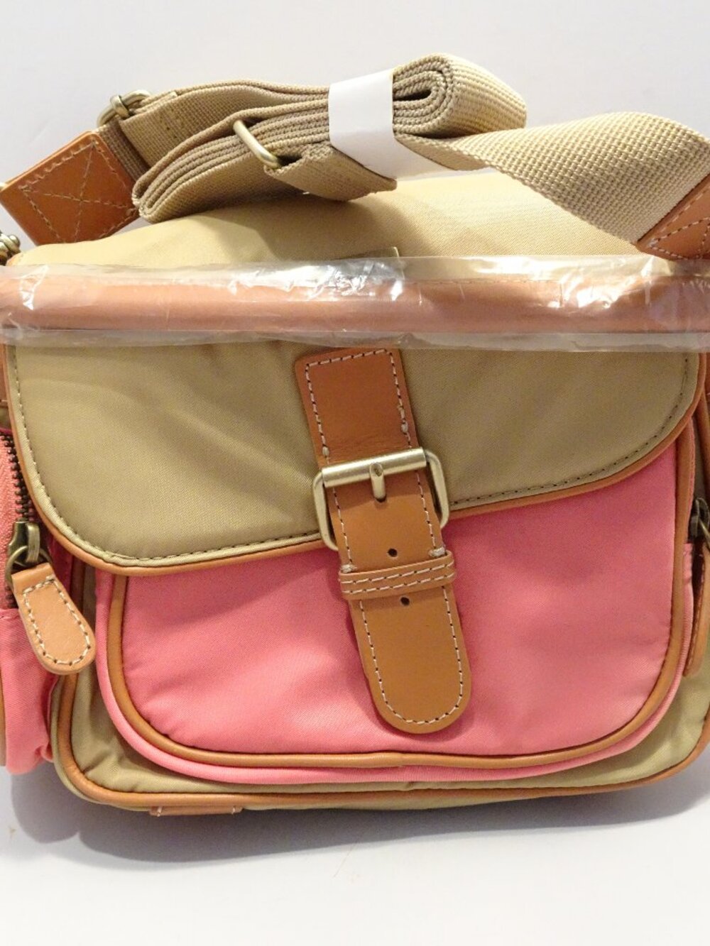 Vtg Eddie Bauer Pink Nylon Handbag Purse Brown Leather Trim Y2K Gorpcore